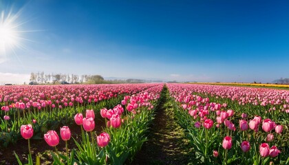 a vibrant field of pink tulips under a clear blue sky illuminated by bright sunlight creating a serene and cheerful atmosphere