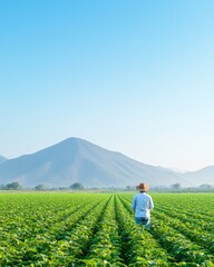 Fototapeta premium Morning Inspection in Indian Farmland A Serene Rural Landscape with Fog and Sunlight
