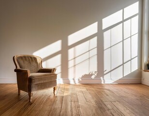 empty spacious room with sunlight streaming through windows and a vintage armchair in the corner blank wall with copy space