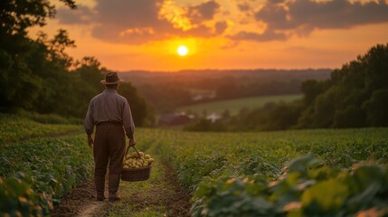 Fototapeta premium A farmer carries a basket of produce at sunset, surrounded by lush fields.