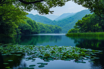 A lake surrounded by trees and lily pads in the middle of a forest