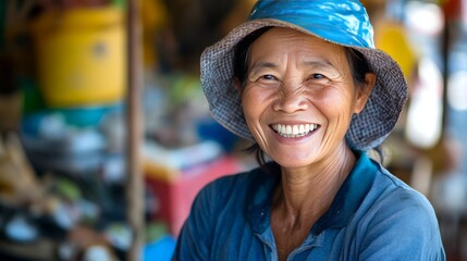 Smiling asian mature female in blue hat at market