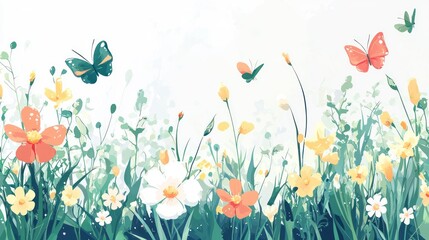 Spring meadow wildflowers butterflies soft background floral design