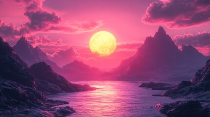 Surreal landscape with a vibrant sunset.
