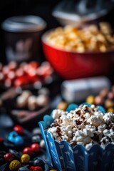 A bowl of popcorn and other snacks sitting on a table, perfect for movie night or game day