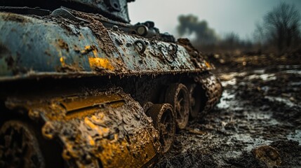 Mud-covered tank in a war-torn landscape with smoke in the distance