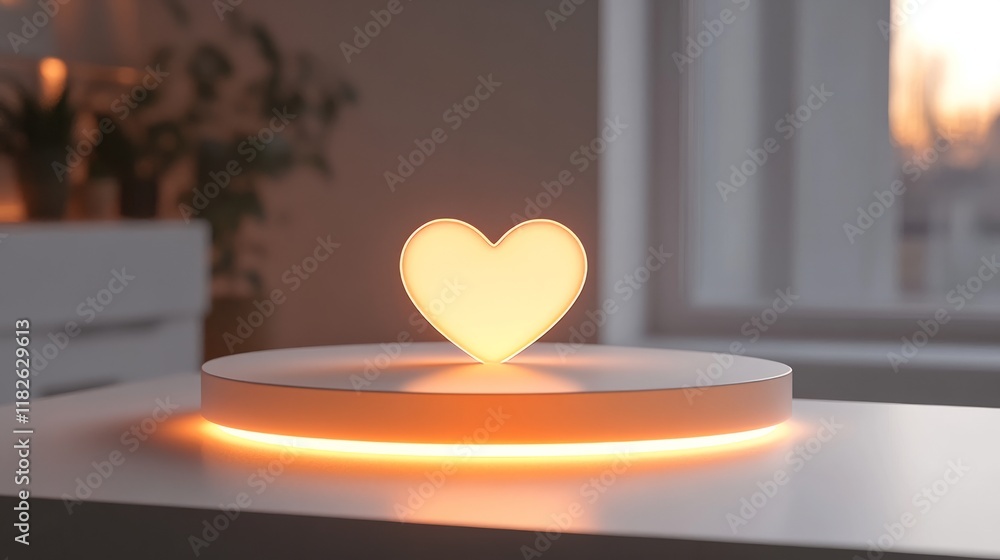 Poster 3d rendering of an elegant podium with a minimal design, soft heart-shaped illumination for valentin