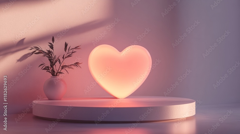 Poster 3d rendering of an elegant podium with a minimal design, soft heart-shaped illumination for valentin