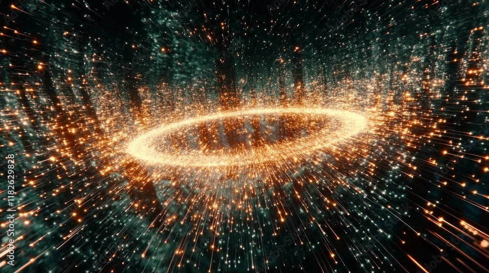 Poster a vibrant sci-fi wallpaper showcasing a dynamic data flow with an explosive effect