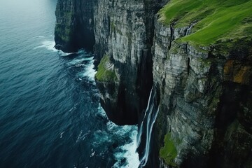 Majestic cliffs overlooking a tranquil sea with cascading waterfall under the cloudy sky