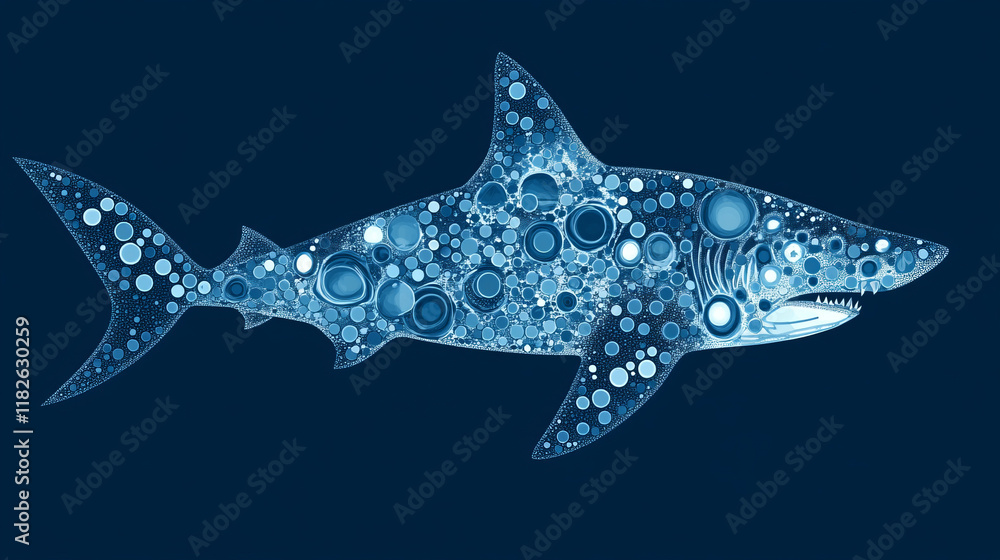 Poster the shark from the particle. the shark consists of circles and points. vector illustration.