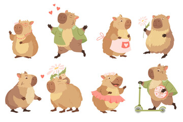 Collection of funny capybaras Sticker of happy exotic animals, cute biggest rodents, different poses and emotions Valentines love day. Flat vector design elements for card, packaging, fabrics, pattern