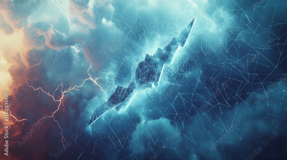 Poster a hologram of a thunderstorm. a thunderstorm of polygons, triangles of dots and lines. thunderstorm 