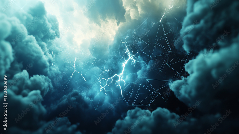 Poster a hologram of a thunderstorm. a thunderstorm of polygons, triangles of dots and lines. thunderstorm 
