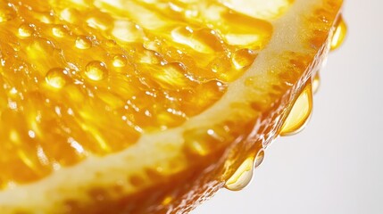 A close-up shot of an orange slice with water droplets on it