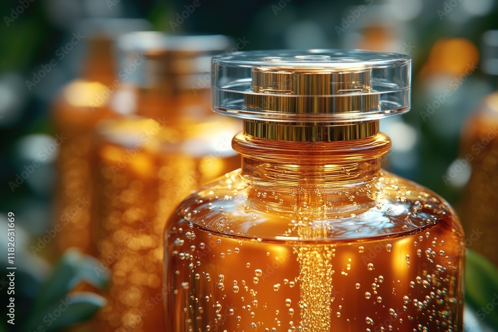 Poster a close-up shot of a bottle filled with clear liquid, suitable for use in a science or laboratory se