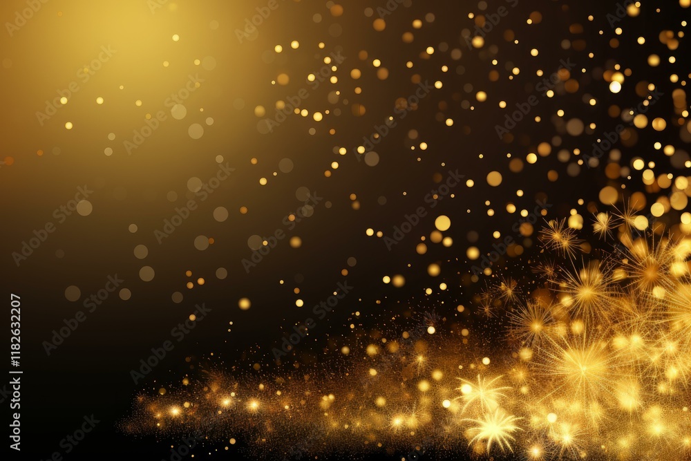 Aufkleber golden fireworks exploding with glittering bokeh effect on black background, perfect for new year's 
