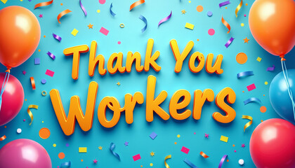 Thank You Workers celebration with colorful balloons and confetti