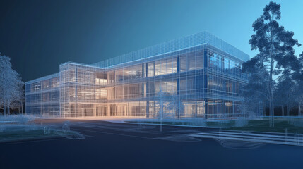 Perspective 3D render of building wireframe - Vector illustration