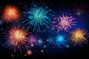 Bright and colorful fireworks exploding against a dark night sky, creating a festive and celebratory atmosphere