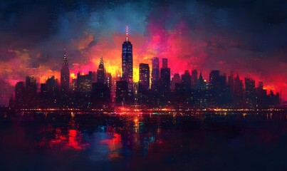 Fototapeta premium The city skyline with buildings beginning to light up as dusk falls