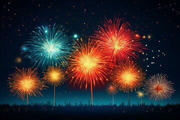 Bright and colorful fireworks exploding over a city skyline at night, creating a festive and celebratory atmosphere