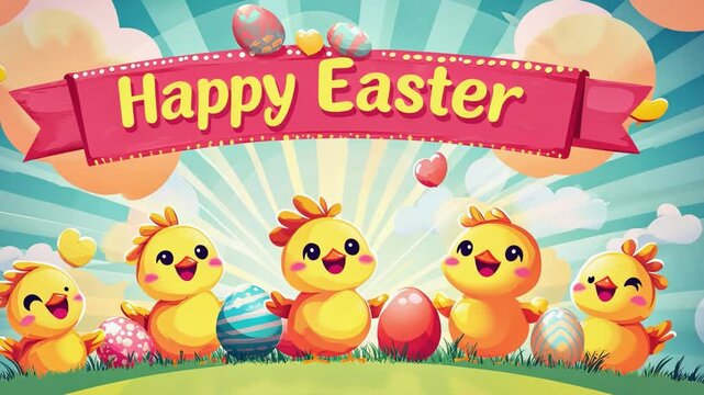Happy easter animated greeting with cute chicks and colorful eggs