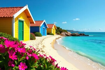 Obraz premium Colorful beach huts and vibrant flowers surround tranquil waters at Mambo Beach on Curacao, scenery, beach, tropical