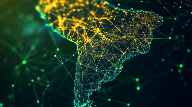 Hologram Of Brazil. Map of Brazil of polygons, triangles of points and lines. Map of Brazil low poly composite structure. Technological concept.