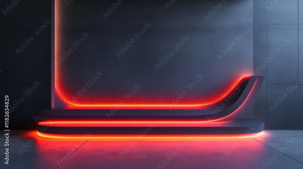 Poster empty 3d podium with a sleek modern design, illuminated by a soft red light, isolated on white