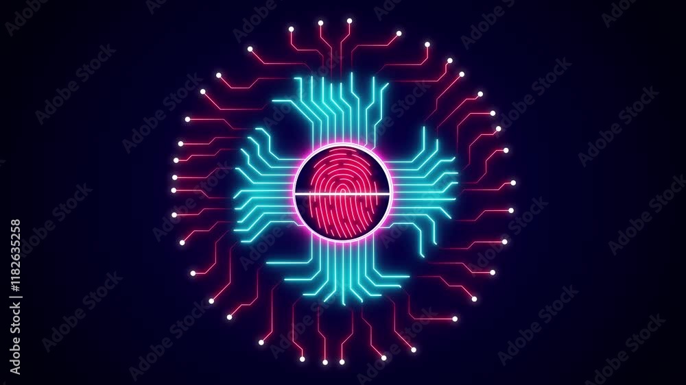 Poster cybersecurity fingerprint scan. futuristic digital fingerprint scan on a glowing neon circuit board 