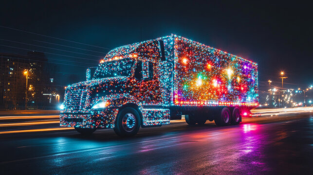 The silhouette of the delivery truck consists of glowing multicolored dots resembling stars. Bright particles form a moving car, symbolizing the speed, reliability and interconnectedness of delivery.