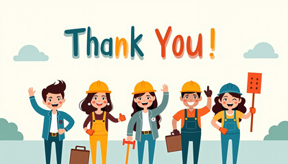 Fototapeta premium Thankful construction team waving in a cheerful illustration