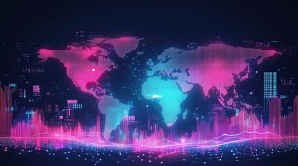Fototapeta premium A digital map of the world with neon lights