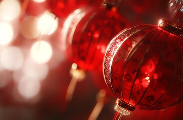 Close-up of red chinese lanterns glowing with festive light in soft focus