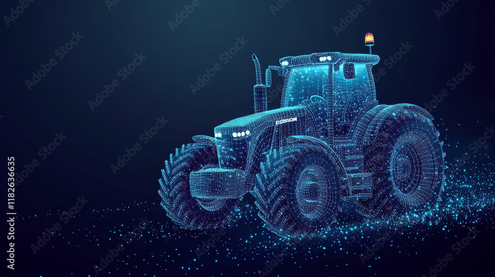 Poster the tractor which consists of points. particles in the form of a tractor on a dark background. vecto