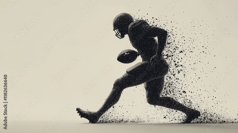 Poster silhouette of a football player from the particles. the player consists of small circles.