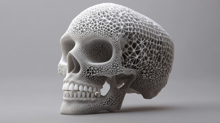 A human skull of high-tech equipment. Triangulation of the skull. Render illustration of the human skull