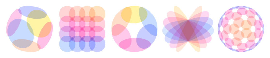 Set of square and round shapes created from overlapping translucent elements. Abstract geometric design. Vector illustration for brochure, banner, cover, postcard, flyer or presentation.