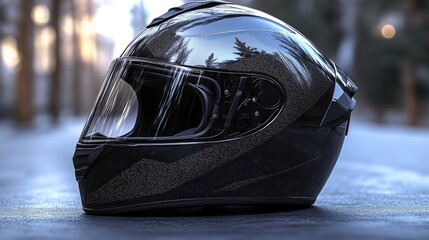 Fototapeta premium A helmet sits alone on the ground surrounded by trees, perfect for outdoor and nature-themed projects