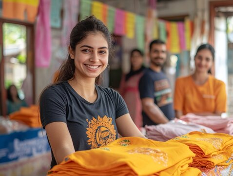Vibrant Community Spirit Indian Volunteers at Work in Colorful Charity Event