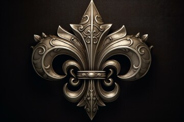 Metallic fleur de lis emblem gleaming against a dark backdrop, symbolizing french royalty, history, and cultural heritage