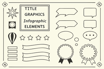 Simple frame set, minimalist design elements, white shapes on yellow background, speech bubbles, banners, ribbons, decorative lines, geometric forms, Japanese text, title graphics, infographic element