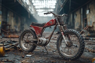 A red dirt bike parked inside an old, abandoned building