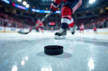 a close-up of a hockey puck on ice, blurred hockey players and a stadium. 