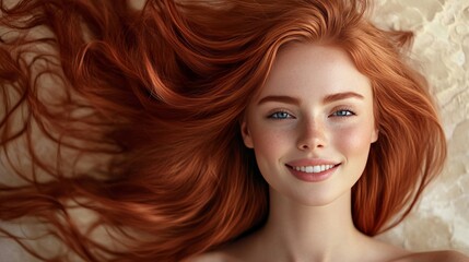 Obraz premium Caucasian female with long red hair smiling on sand background