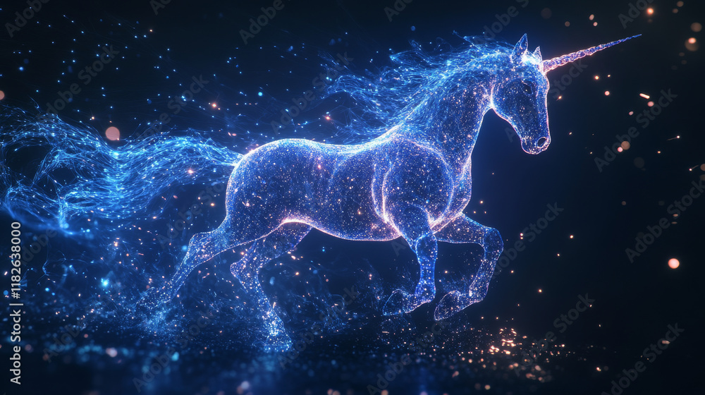 Poster hologram unicorn. holographic projection of a unicorn. flickering energy flux of particles. scientif