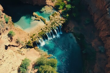 Serene turquoise waters cascade over a rocky landscape in the heart of nature's untouched beauty