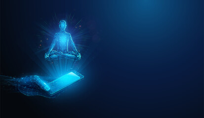 Abstract illustration of low poly human figure sitting in lotus yoga pose over smartphone in hand.Blue geometric background depicting mental health and meditation application concept by wireframe mesh