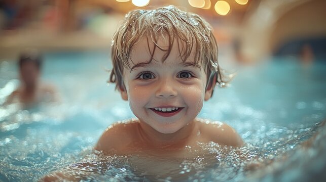 Young boy smiling while swimming in an indoor pool